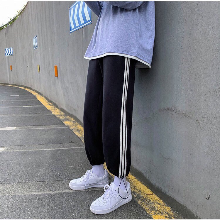 QUẦN JOGGER 3 SỌC NỈ BÔNG UNISEX ĐEN TRẮNG XÁM - QUẦN ỐNG SUÔNG CULLOTE SỌC Mặc 2 Kiểu