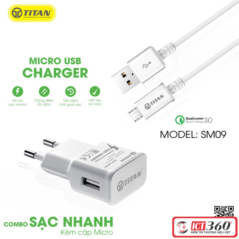 Combo Sạc Nhanh Qualcom 3.0 Cáp Micro Titan SM09 - BH 12 tháng