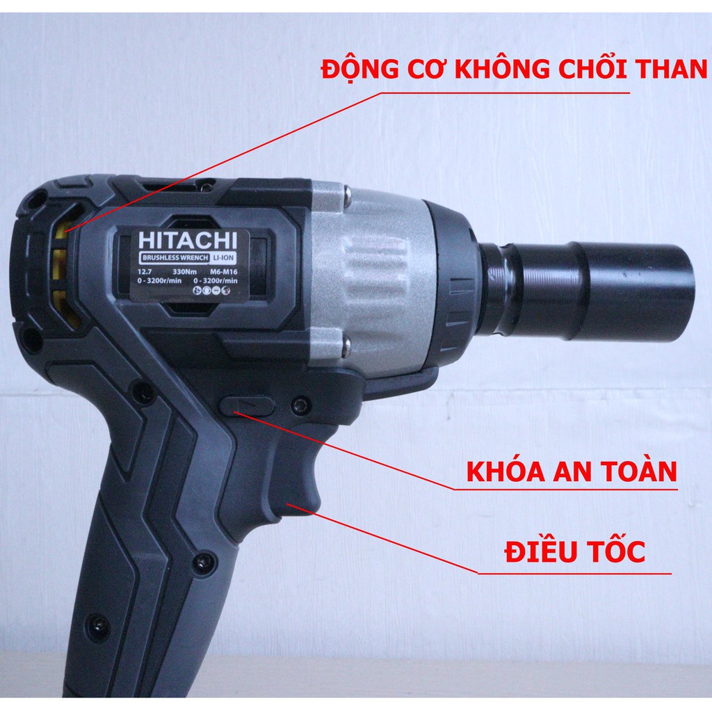 Máy siết bulong Hitachi 199V - 3 ĐÈN LED - PIN 10 Cell - KHÔNG CHỔI THAN, bắt vít ốc ô tô