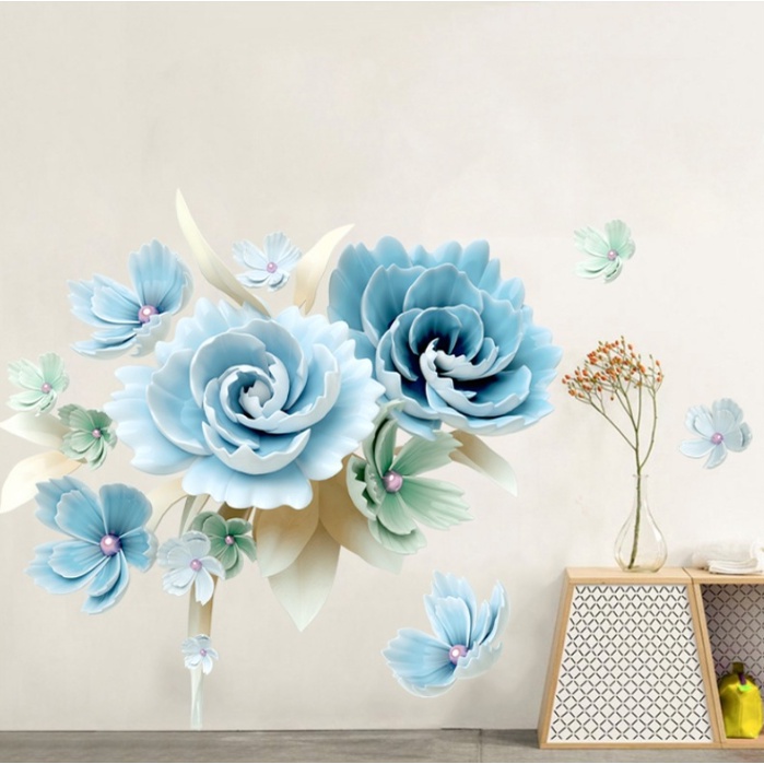 Decal giấy dán tường - mẫu Hoa mẫu đơn xanh bích sang trọng nhẹ nhàng ( 2 tấm )