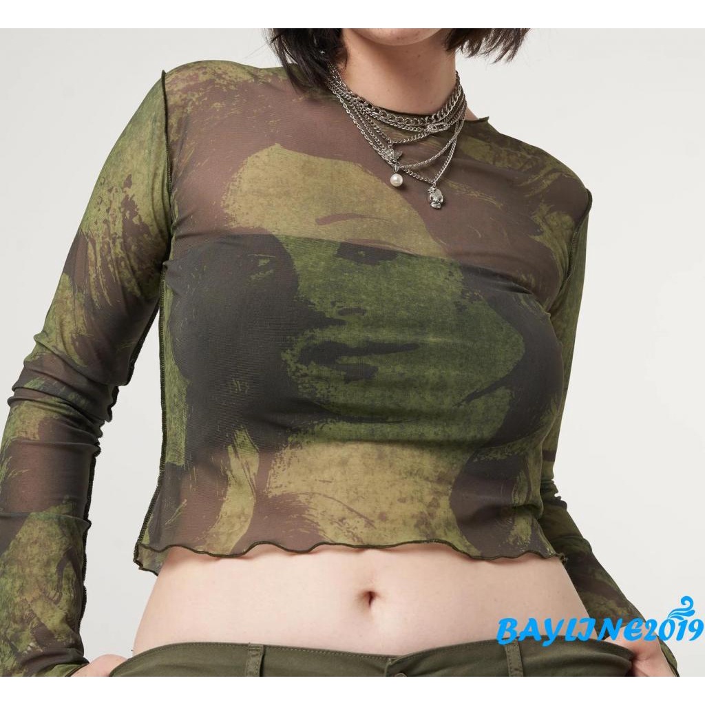Áo croptop tay dài in hình chân dung ô liu màu xanh lá phong cách vintage độc đáo - size S/ M/ L/ XL