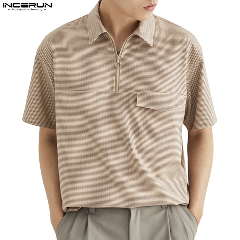 Áo thun polo Incerun tay ngắn có khóa kéo thời trang dành cho nam