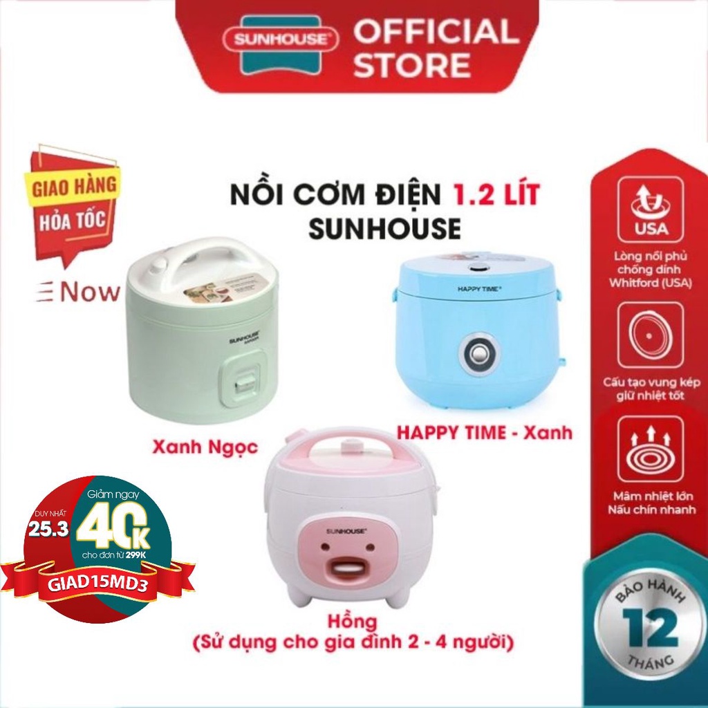 Nồi cơm điện SUNHOUSE Happytime HTD8521P-2022 1.8 Lít có 3 màu lòng nồi chống dính siêu bền giữ nhiệt tốt nấu cơm nhanh