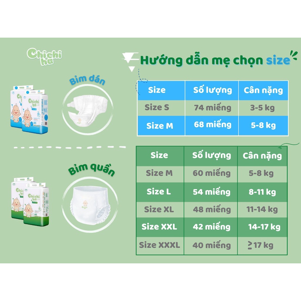 Bỉm tã thương hiệu việt Hữu cơ oganic Chichiha đủ size dán S72/M68 quần M60/L54/XL48/XXL42/XXXL40)