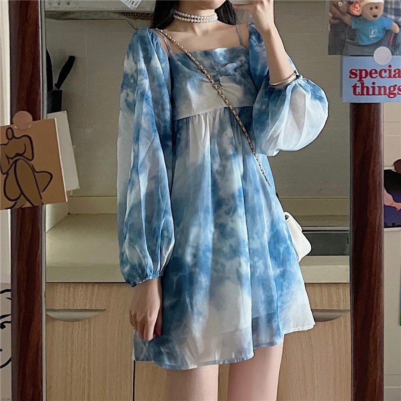 Váy Voan Xanh 2 Dây Mix Tay Áo Dài Loang Màu - Feedback Ảnh Cuối
