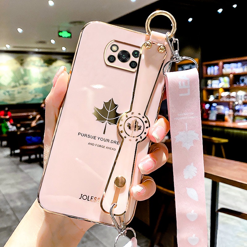 Ốp điện thoại TPU mềm in hình lá phong có dây đeo tay cho Xiaomi Poco X3 Pro NFC