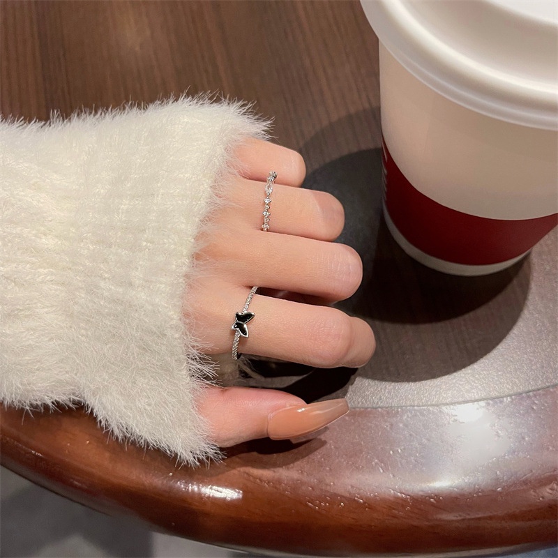 Nữ đơn giản Rhinestone Phong cách Hàn Quốc Cổ điển Bướm đen Nhẫn