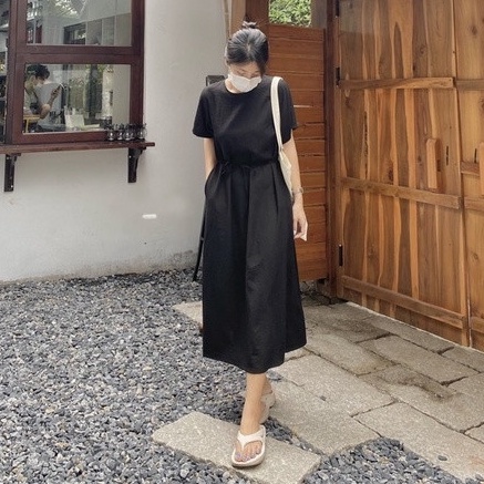 Đầm nữ dáng dài form rộng - Váy suông dài trơn, thắt eo vintage V-TS