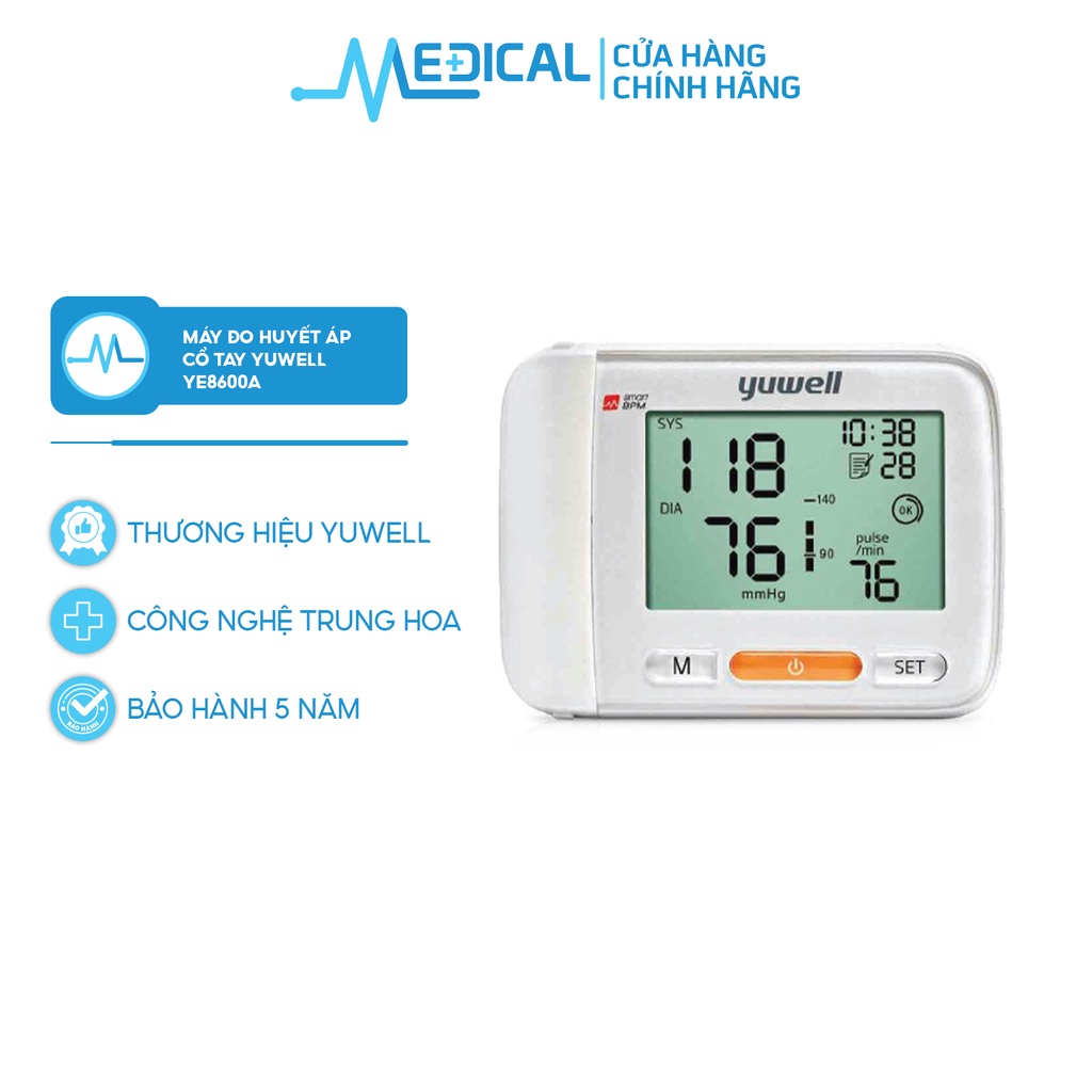 Máy đo huyết áp cổ tay YUWELL YE8600A lưu 60 kết quả đo, bảo hành 5 năm chính hãng - MEDICAL