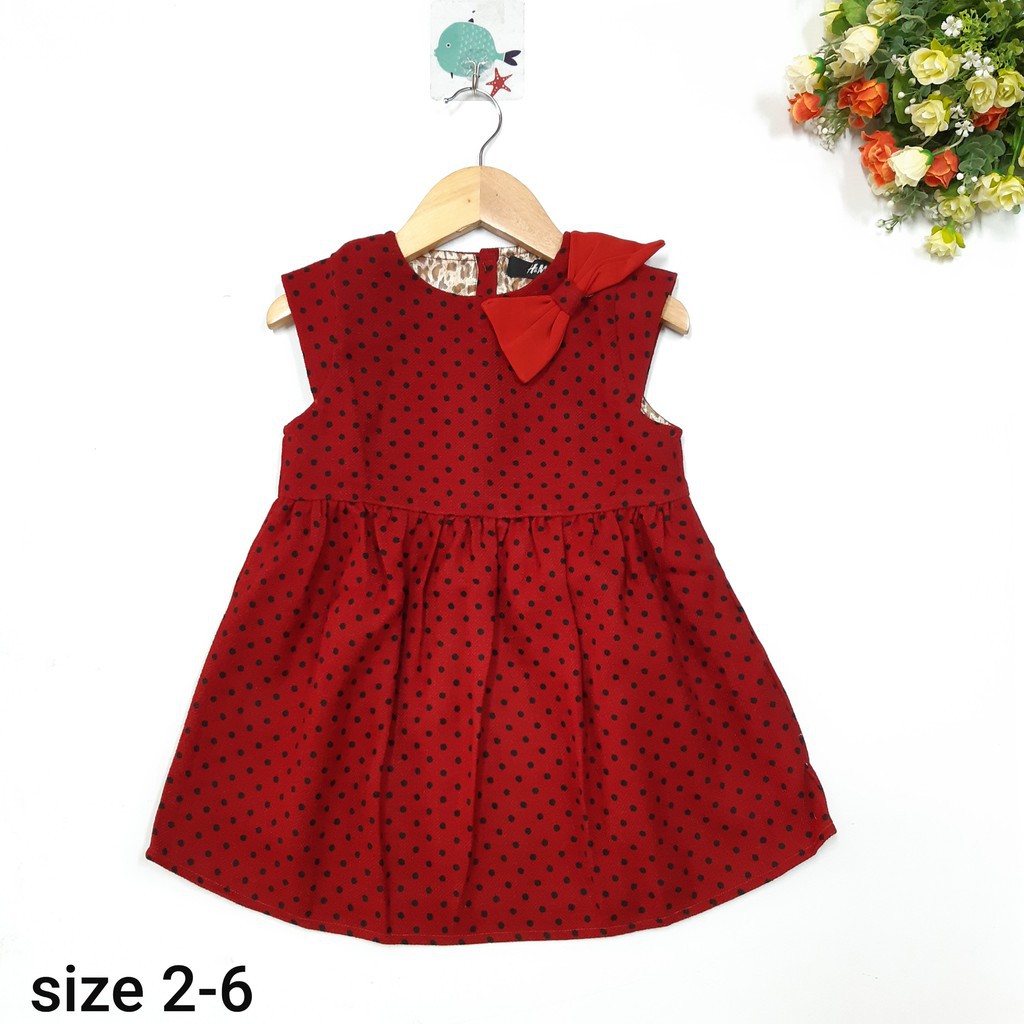 DG69-VT-27- Váy nỉ dạ bé gái, dày dặn, màu đỏ chấm bi, cánh tiên, đính nơ, made in Việt Nam