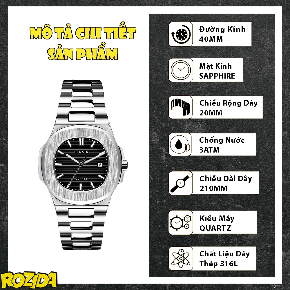 Đồng hồ nam chính hãng chống nước cao cấp đẹp dây thép hợp kim 316L mặt vuông W15