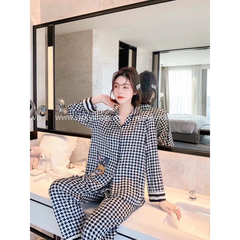 Bộ đồ ngủ pijama lụa QCCC, tay dài quần dài in hình thỏ dễ thương ,chất đẹp mềm mịn.B293