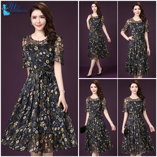 Đầm Trung Niên Dự Tiệc Đầm Dáng Xòe Hoa Nhí Váy Nữ Xoè 2 Tầng Cao Cấp Sang Trọng Cổ Tròn Tay Loe
