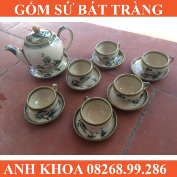 Ấm chén nghệ nhân vẽ Hoa đào và lá xanh - Gốm sứ Bát Tràng Anh Khoa