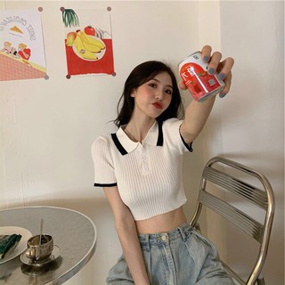 Áo kiểu crotop hot trend hàn quốc cổ bẻ phối hai màu dễ thương ttkxa0043