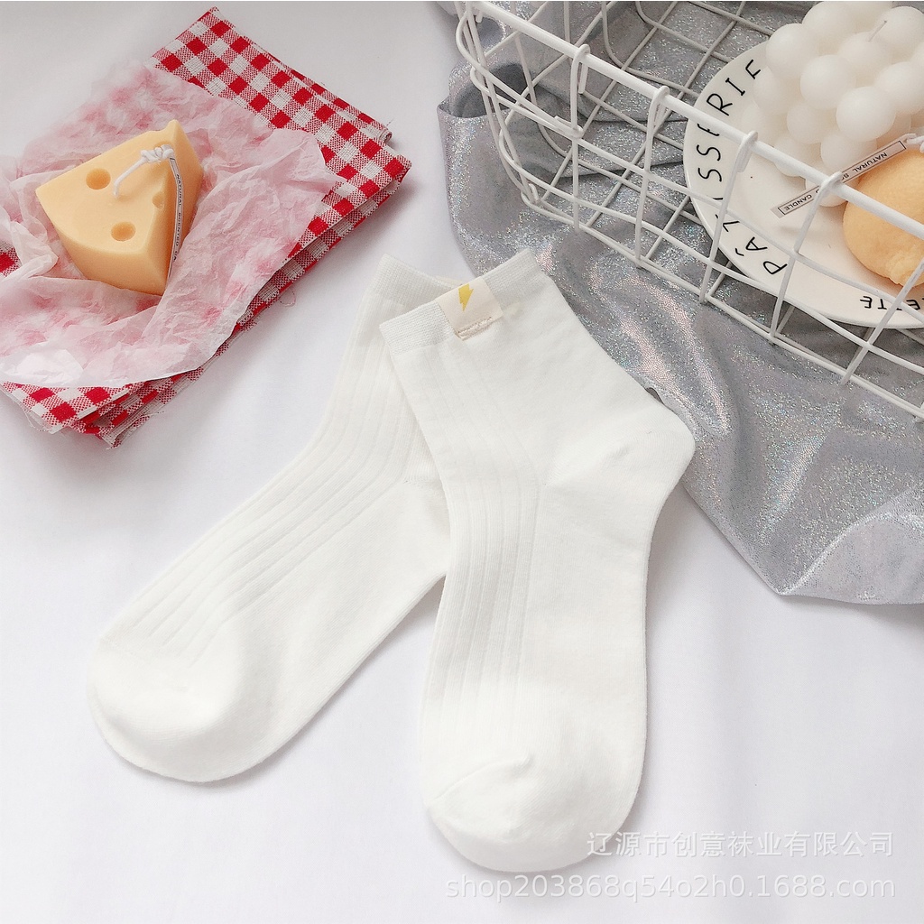 Vớ trắng nữ cổ cao Hàn Quốc Tất gân trơn cổ trung nữ Nhật Bản Cotton