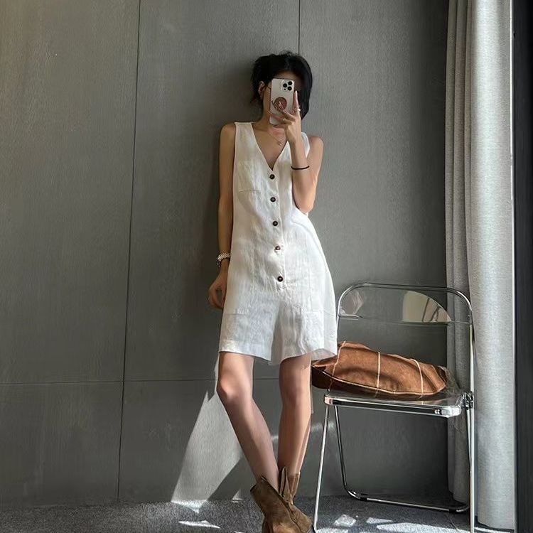 Jumpsuit Sát Nách Cổ Chữ v Form Rộng Phong Cách Retro Hàn Quốc