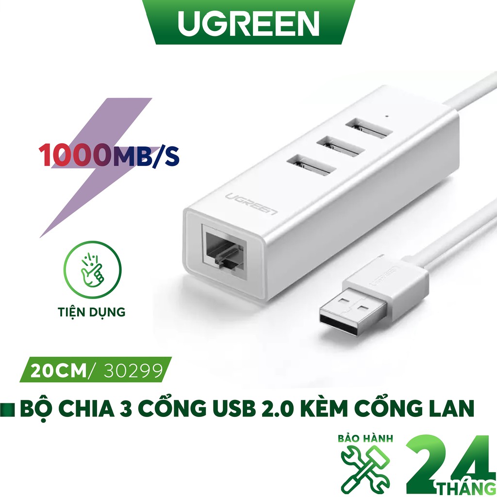 [Mã 2404EL10K giảm 10K đơn 20K] Bộ chia 3 cổng USB 2.0 kèm cổng mạng Ethernet 10/100Mbps Ugreen CR129