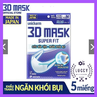 Khẩu trang ngăn khói bụi Unicharm 3D Mask Super Fit size M gói 5 cái.