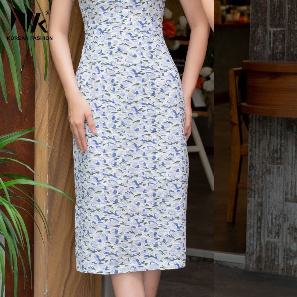 Váy Thiết Kế Công Sở NK FASHION Dáng Ôm Xẻ Gấu Hoạ Tiết Hoa, Chất Liệu Hàn Cao Cấp Chống Nhăn Xù NKDV2104018