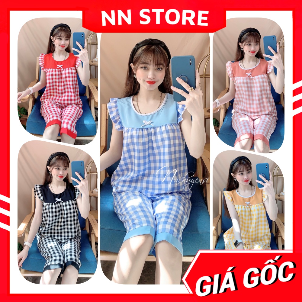 Đồ bộ nữ mặc nhà chất kate mềm mát phối caro nhí dễ thương Bộ lửng in hình BKT157