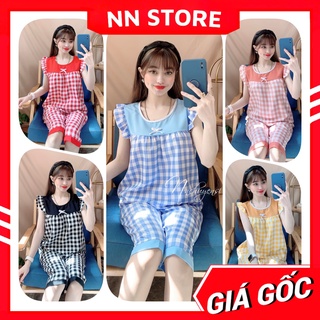 Đồ bộ nữ mặc nhà chất kate mềm mát phối caro nhí dễ thương Bộ lửng in hình BKT157
