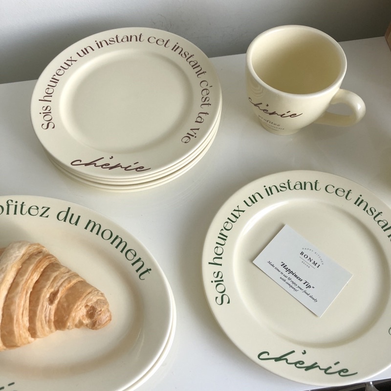 Set cốc đĩa gốm sứ Cherie màu vàng pastel decor Hàn Quốc Bonmi