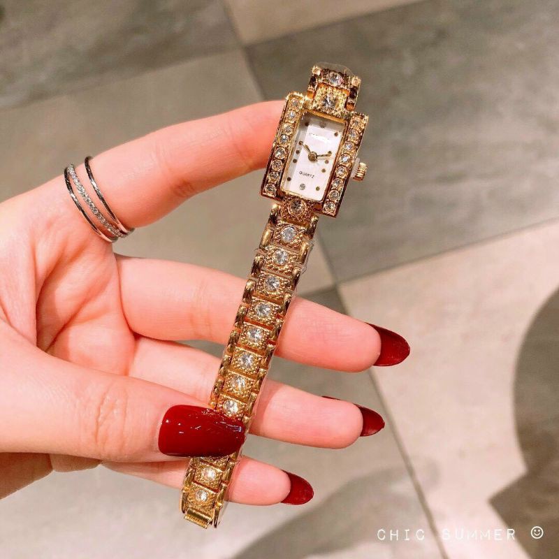 Đồng Hồ Nữ Đính Đá QUARTZ Mặt Vuông , Mặt Chữ Nhật Thời Trang Cho Nữ Máy Nhật