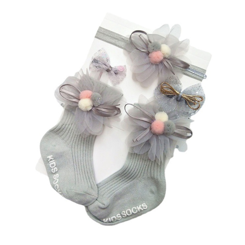 1 Set Vớ Cotton Ren Hoa Mềm + Băng Đô + Hộp Kẹp Tóc Co Giãn Dành Cho Bé Gái