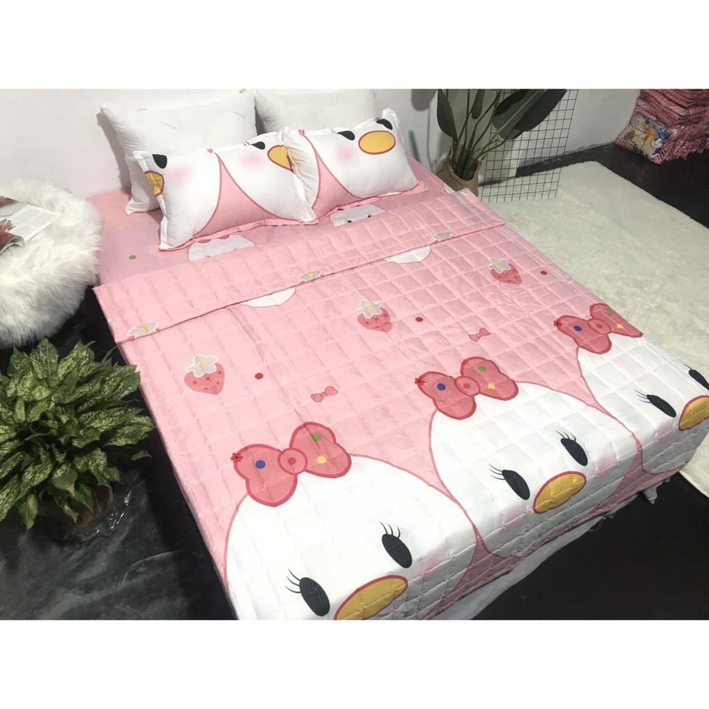 Bộ drap nệm 1m6/1m8 💖LINHALMONDS 💖1 ra nệm poly + 2 vỏ gối nằm 45 x 65 cm mẫu vịt hồng (Ảnh thật)