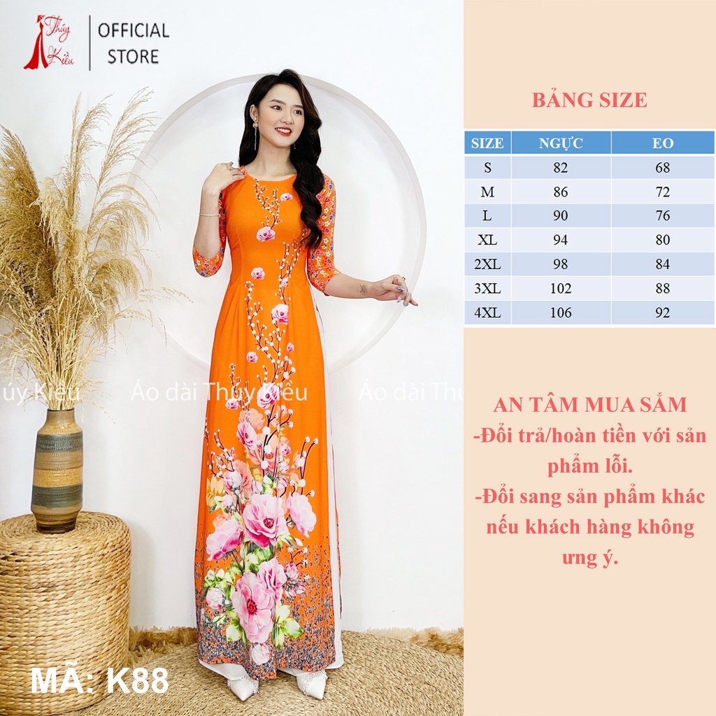 Áo dài nữ may sẵn thiết kế đẹp nền cam hoa đào cách tân tết K88 Thúy Kiều mềm mại, co giãn, áo dài giá rẻ