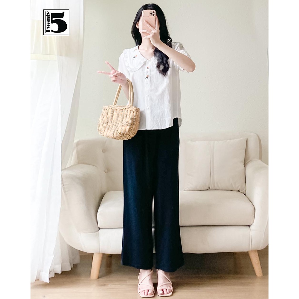 Áo sơ mi nữ vintage thêu hoa viền cổ sen viền bèo điệu đà Twentyfive 4129