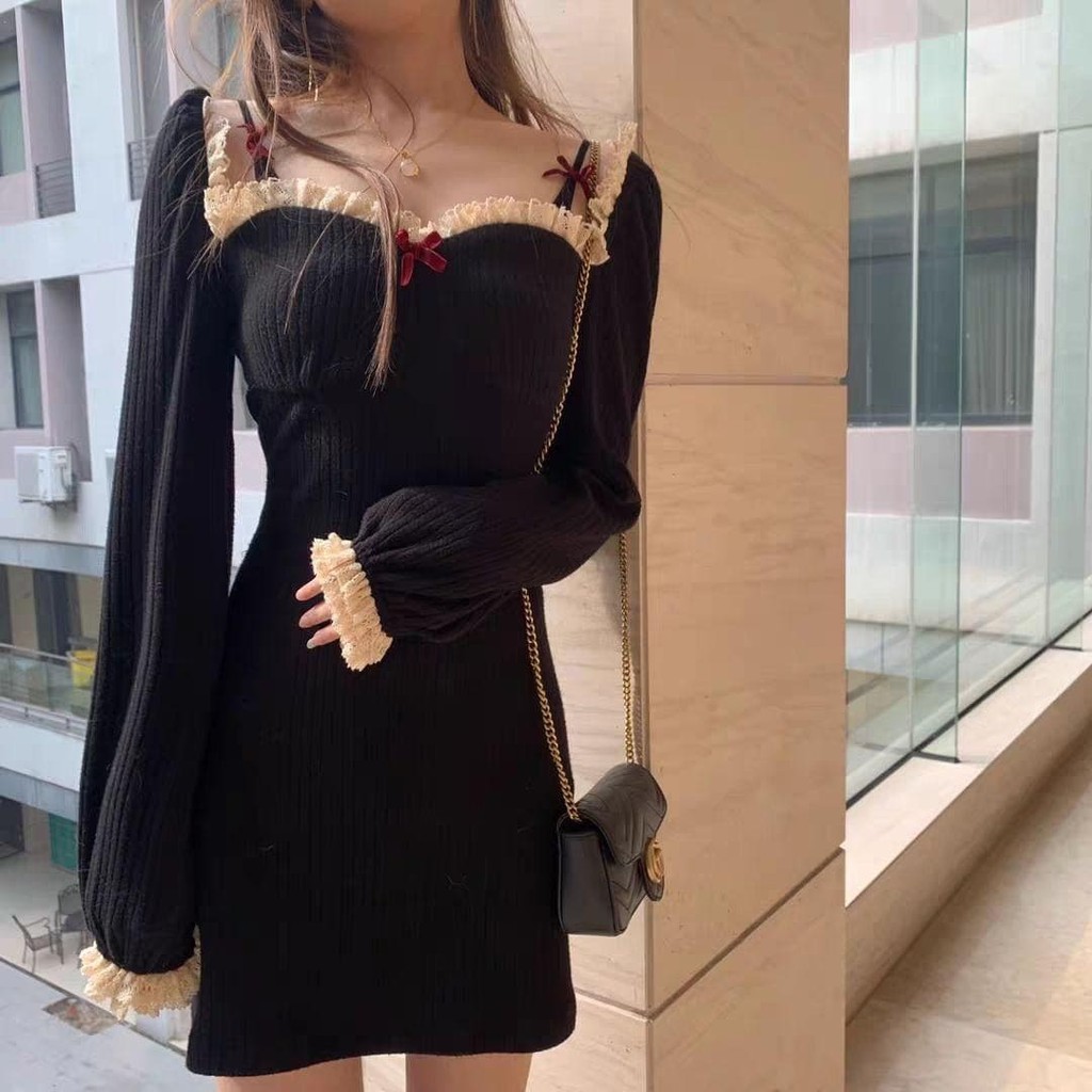 Váy đầm body thun gân tay bồng diềm bèo phong cách retro cổ điển phối nơ nhỏ xinh xắn