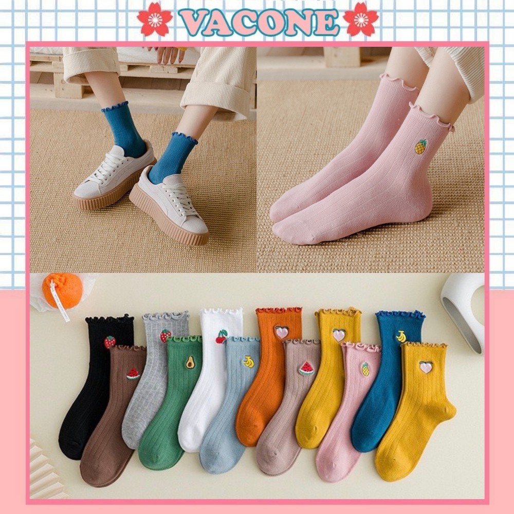 Tất nữ cổ cao bèo nhún Vacone vớ nữ thêu hoạ tiết hoa quả cute TN85