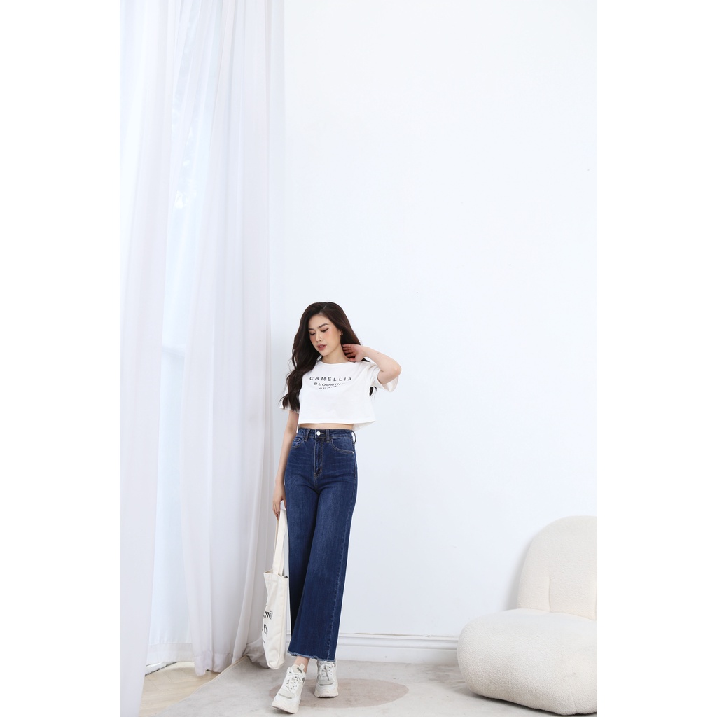 Quần Jean Nữ Ống Rộng Lưng Cao  Trơn Gấu Tua Rua  CT Jeans
