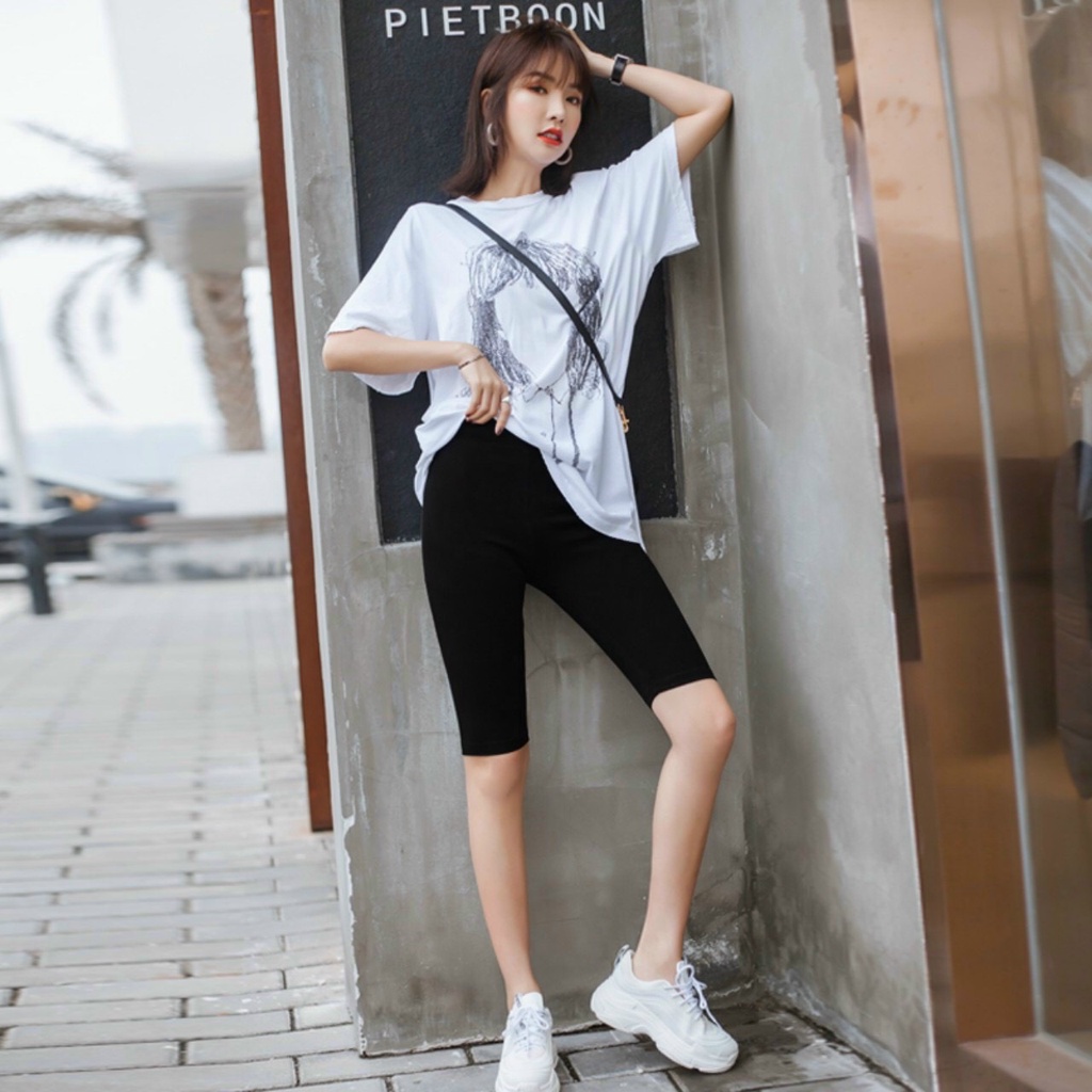 Quần legging lửng vải cotton cao cấp - quần biker nữ đùi ngố đồ ôm bụng nâng mông siêu co giãn 4 chiều