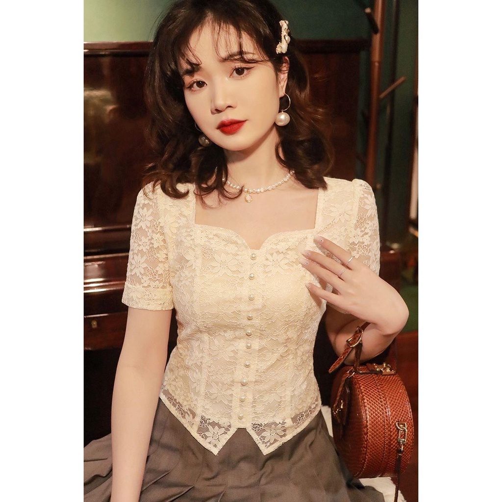 The store is on holiday  please chat with customer service! Áo Ren Tay Ngắn Cổ Vuông Họa Tiết Thêu Hoa Phong Cách Retro