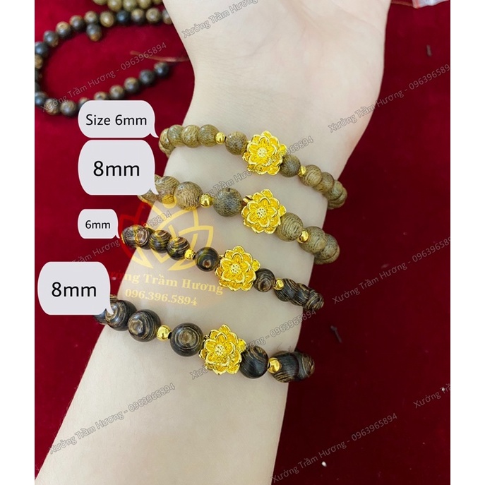 Vòng tay Trầm Hương mix charm Hoa Sen vàng - Trầm Sánh Chìm và Trầm Tốc - 6mm &amp; 8mm - Vòng gỗ tự nhiên Nam Nữ