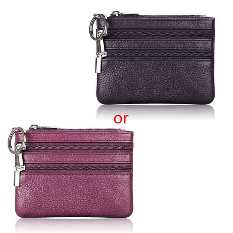 AUTU  Women Men Leather Coin Purse Card Wallet Clutch Double Zipper Small Change Bag