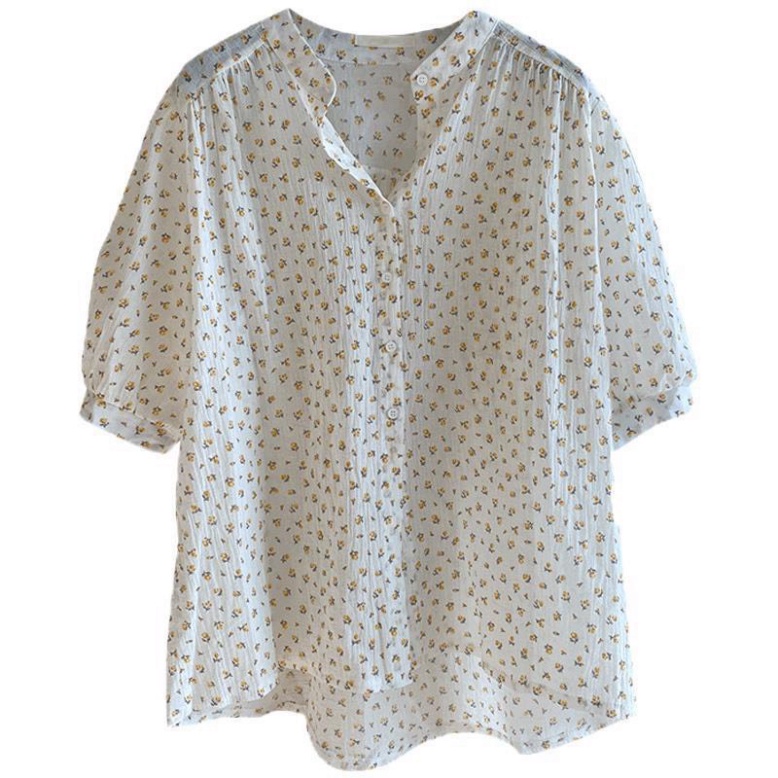 Áo sơ mi nữ cổ tàu kiểu hàn quốc dáng công sở basic họa tiết hoa nhí tay bồng ngắn vải trơn cotton poly K2T3-2