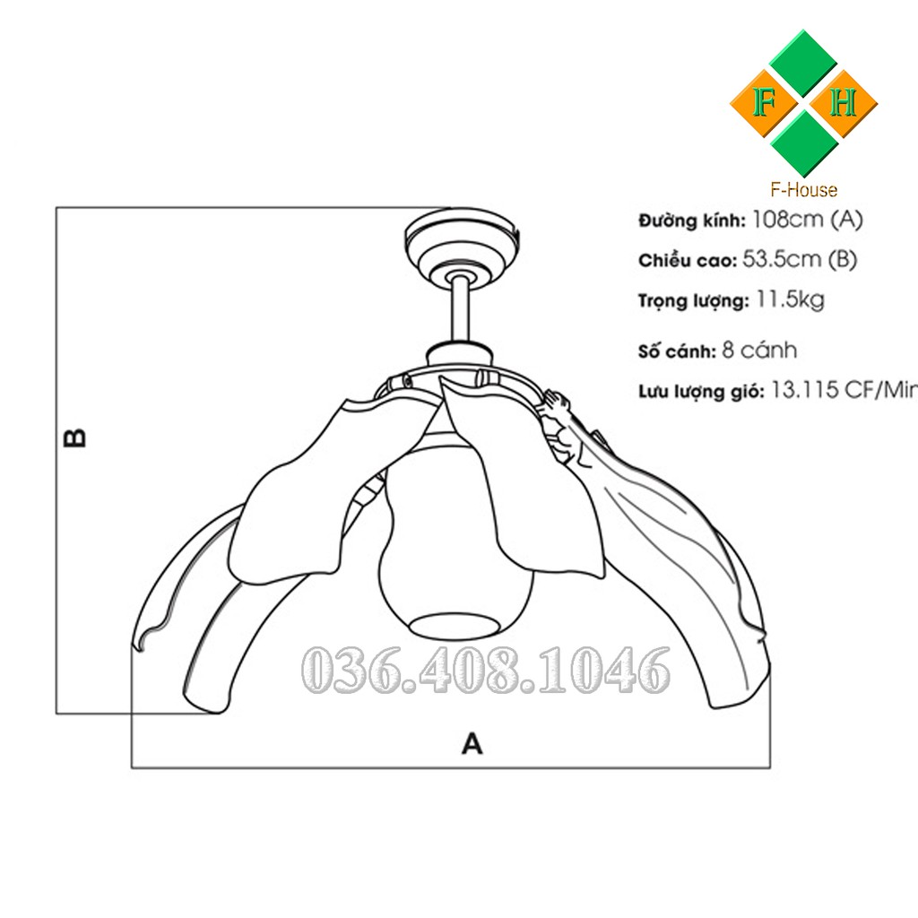 Quạt trần trang trí phòng khách Nhật Bản Kaiyo CHIB 107, mô phỏng bông hoa tuylip  – Động cơ DC tiết kiệt điện