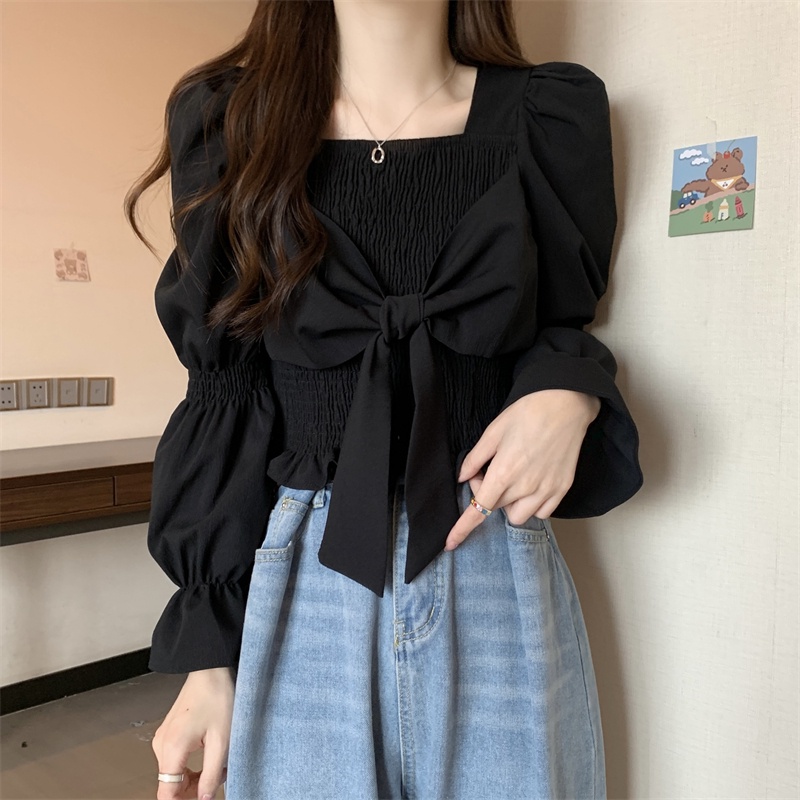 IELGY Áo Sơ Mi Đen Cổ Vuông Phong Cách Pháp Thời Trang Cho Nữ