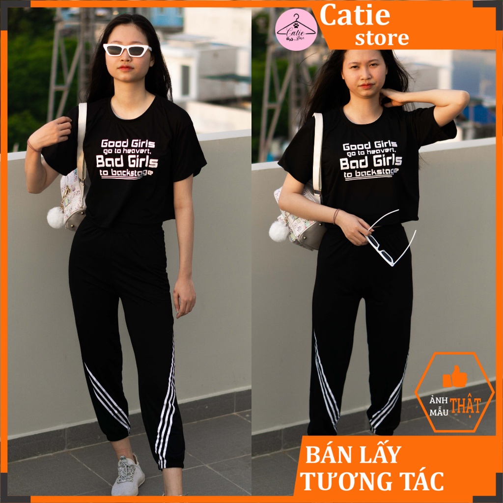 Set thể thao nữ áo thun croptop cộc tay phối quần dài thể thao năng động cá tính từ 40kg-52kg