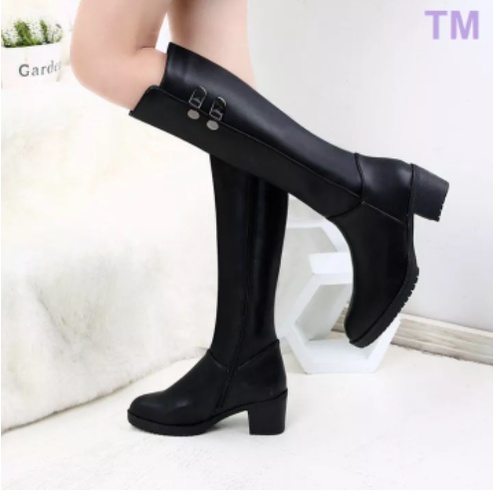 Bốt Kasut Bốt Đế Xuồng Ống Dưới gối có nút Cao Gót Nữ Bằng Da Nhung