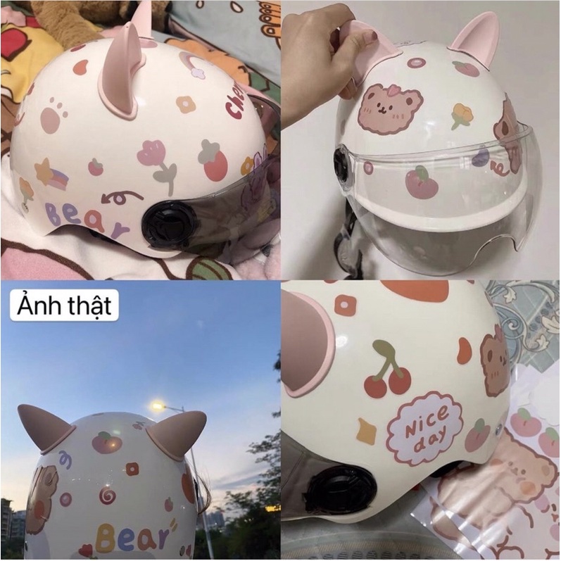 Nón bảo hiểm tai mèo cute kèm hình dán có kính kèm ảnh thật