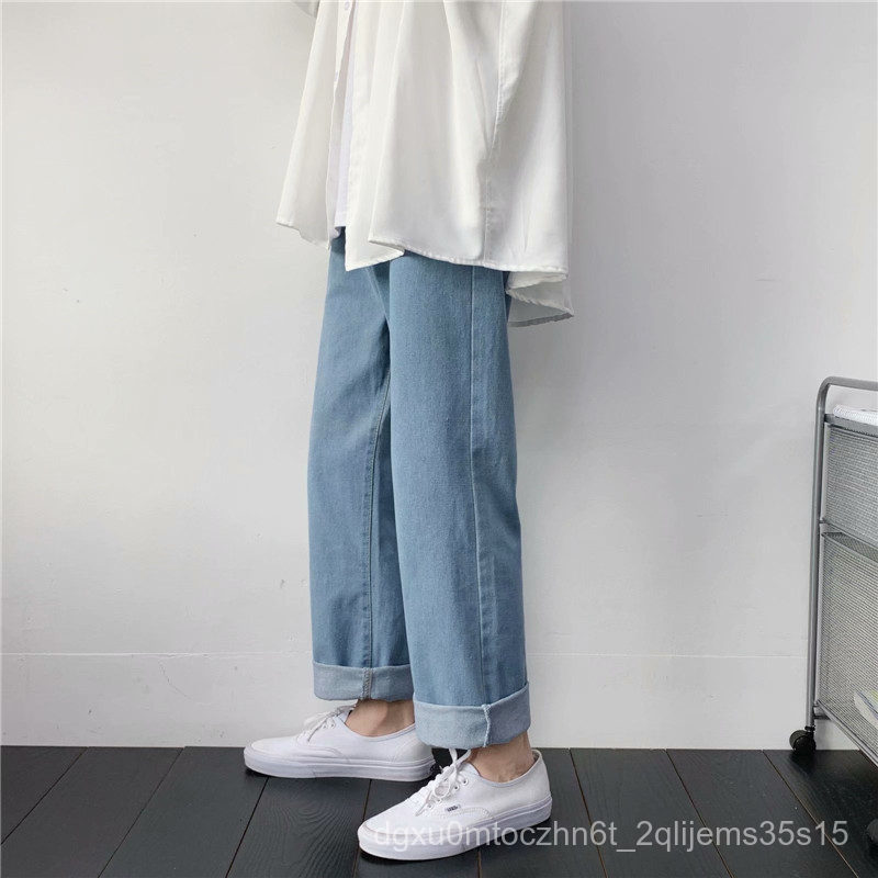 Màu Sắc Ánh Sáng Thẳng Quần Jean Nam Chín Tuổi Teen XL Mùa Thu Thường Mỏng Lỏng Lẻo Hoang Dã Rộng Chân Quần