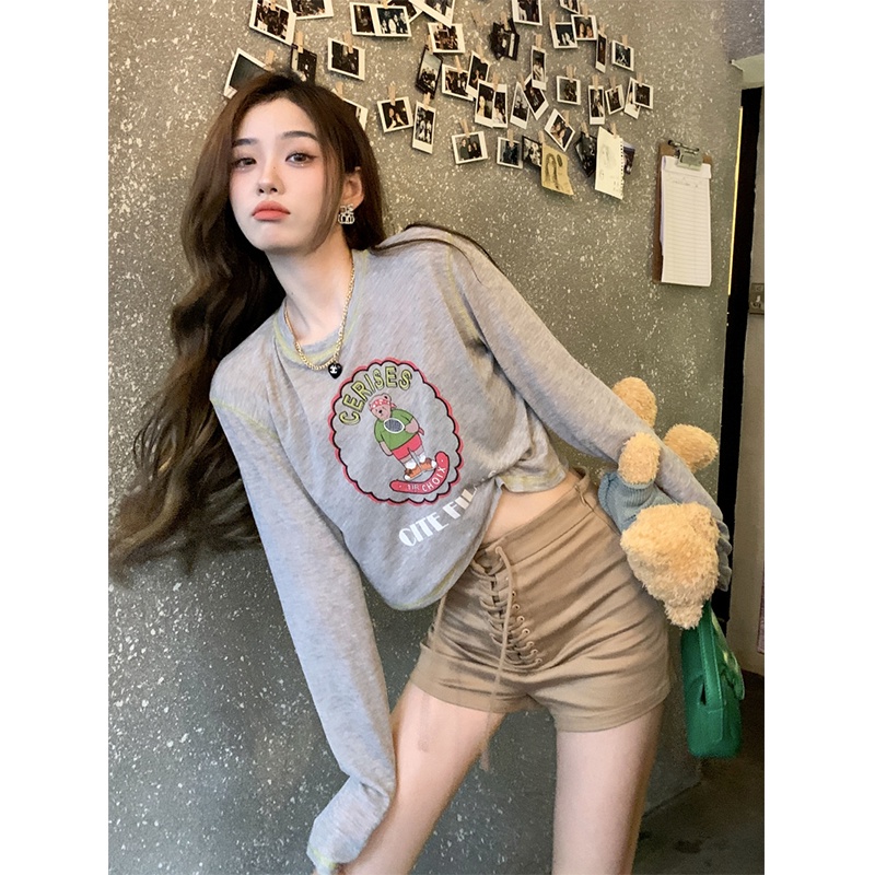 NRVP Áo Thun Nữ Oversize Cổ Tròn Dài Tay Kiểu Hàn Quốc