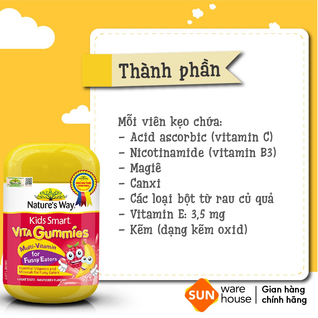 Kẹo Dẻo Cho Bé Nature's Way Kids Smart Vita Gummies Multi Vitamin for Fussy Eaters Kích Thích Ăn Ngon 60 Viên