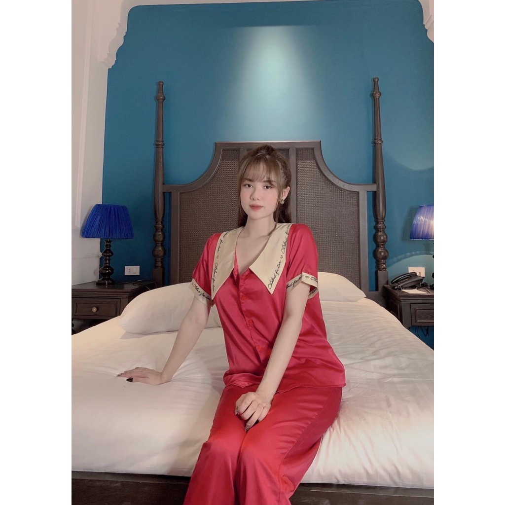 Set bộ ngủ lụa tiểu thư dễ thương màu đỏ đô-Thu Thảo Fashion.