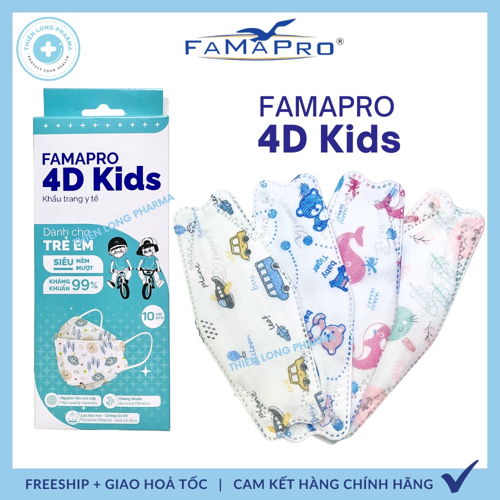 [Hộp 10 cái] Khẩu trang trẻ em KF94 4D Famapro hoạ tiết dễ thương dành cho bé 3 đến 10 tuổi